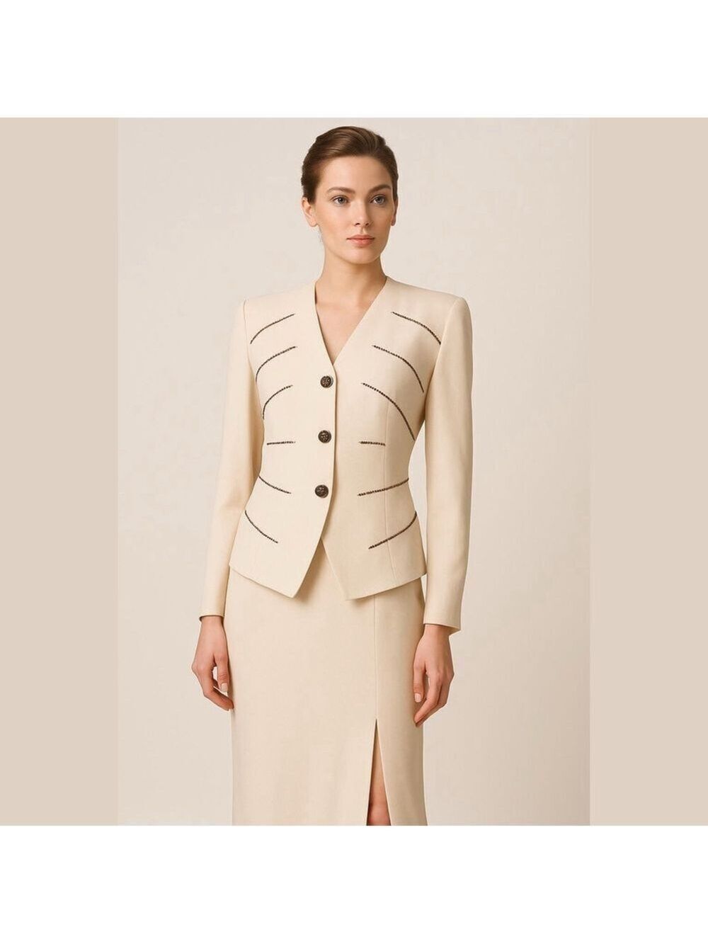 Rimini by Shaw Beige Silk Beaded Jacket & Skirt Set Size 12